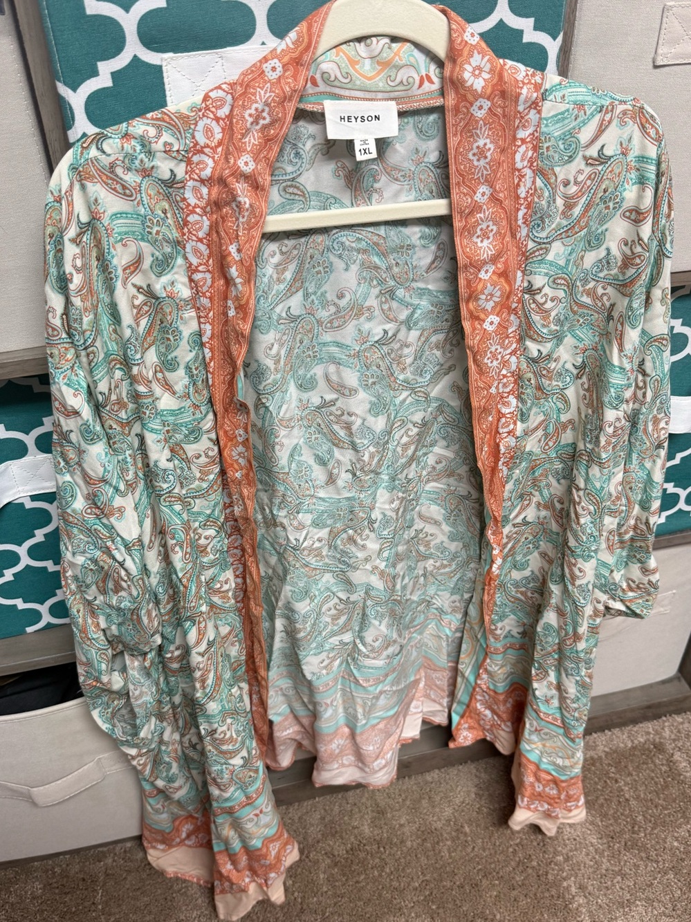 Heyson Paisley Open Front Kimono in Mint and Coral plus size 1X